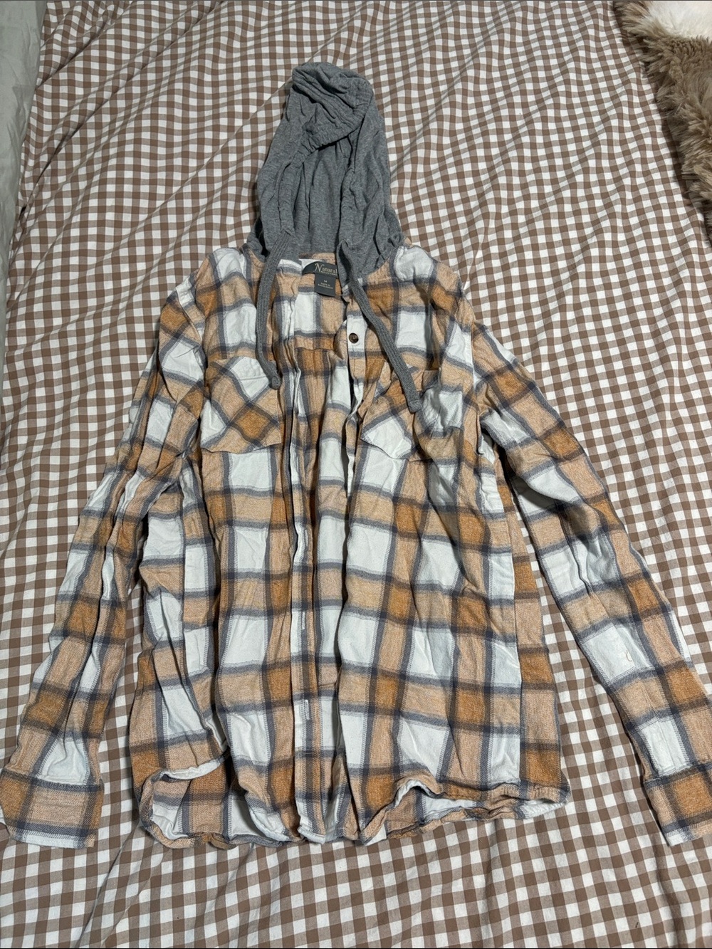 Natural Reflections Plaid Button-Down Shirt with Gray Hood - Tan & Gray